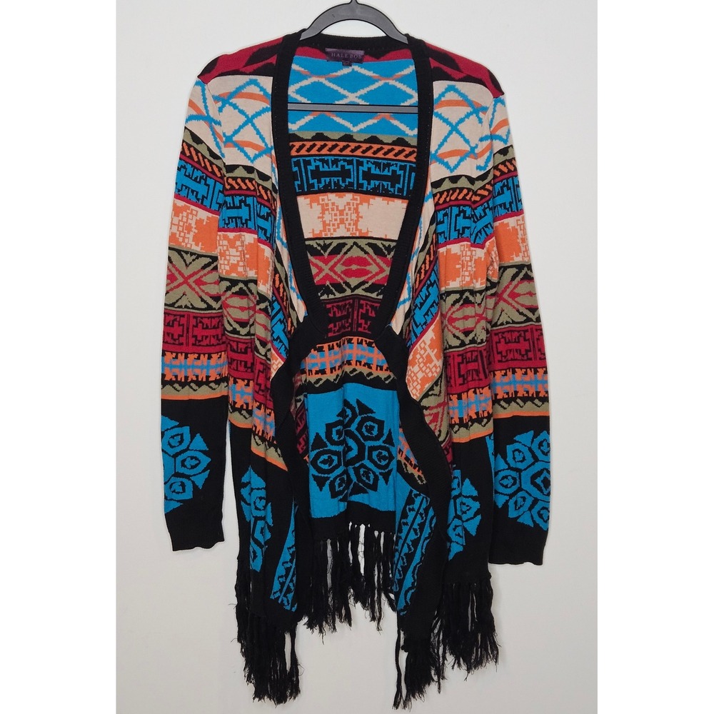Hale Bob Aztec Western Tribal‎ Open Cardigan Fringe Geometric Multicolor Knit M
